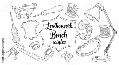 Handcrafted leather tools in winter workshop line art design