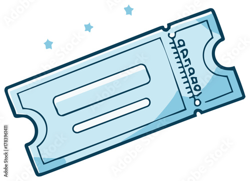 Bright blue cartoon ticket illustration with stars for event entry or lucky prize raffle