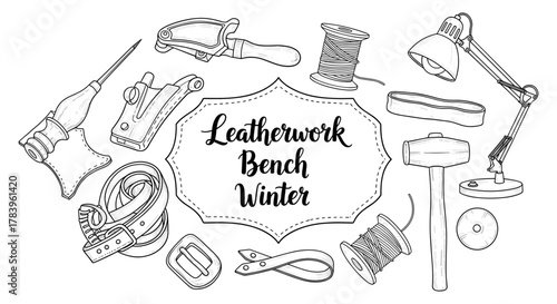 Artisan leathercraft tools in vintage style with winter theme design elements
