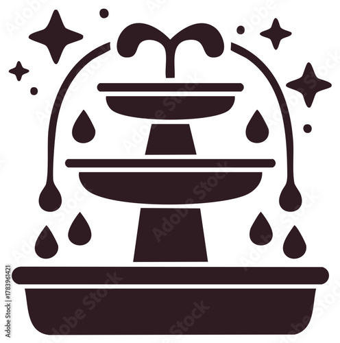 Sparkling tiered water fountain icon with splashing water drops