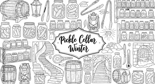 Winter pickle cellar elements in hand drawn style featuring jars, barrels, and stairs