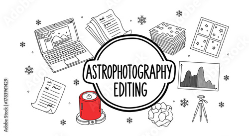 Astrophotography editing tools and techniques diagram in line art style