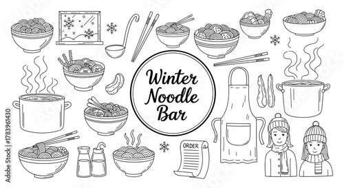 Cozy winter noodle bar doodle with bowls, chopsticks, and snowflakes