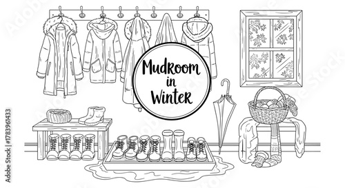 Charming winter mudroom with cozy coats and snow boots in detailed line art