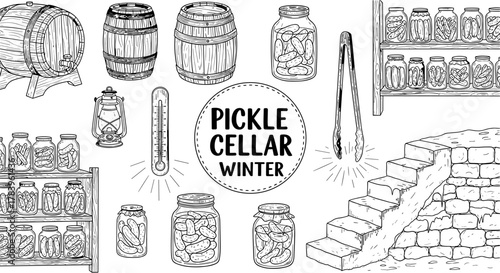 Rustic winter pickle cellar with jars, barrels, and tools in vintage sketch style