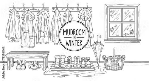 Cozy winter mudroom with jackets and boots in black and white line art scene