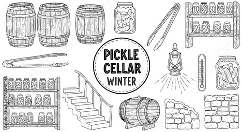 Winter pickle cellar elements in hand drawn style featuring barrels and jars