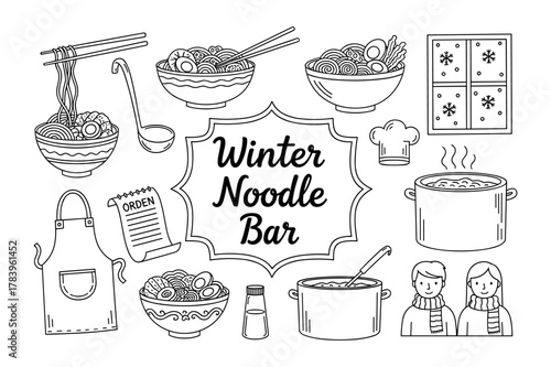 Cozy winter noodle bar elements with outlined style for seasonal graphic projects