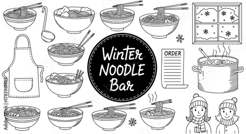 Winter noodle bar doodles: cozy food and warm outfits for cold days