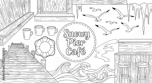 Snowy pier cafe scene with seagulls and wooden elements in detailed line art