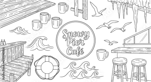 Snowy pier café: winter coastal scenes with birds and waves in outline art