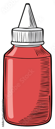 Cartoon drawing of a red squeeze bottle with a white cap and nozzle