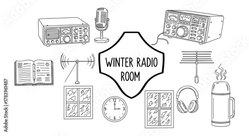 Winter radio room: cozy setup with vintage radios, microphone, and hot drink