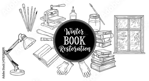 Winter book restoration elements including press, brushes, glue, and books in vintage style