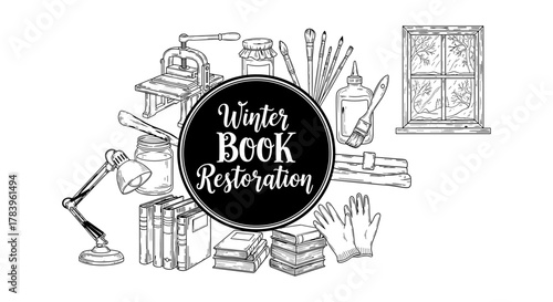 Vintage book restoration tools with winter window scene in black and white