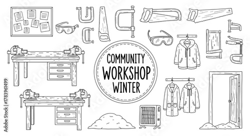 Community workshop winter essentials in black and white line art