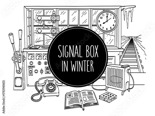Winter signal box with railway track and vintage equipment