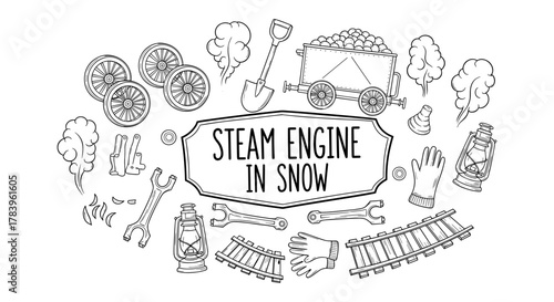 Hand drawn steam engine elements in snow theme outline