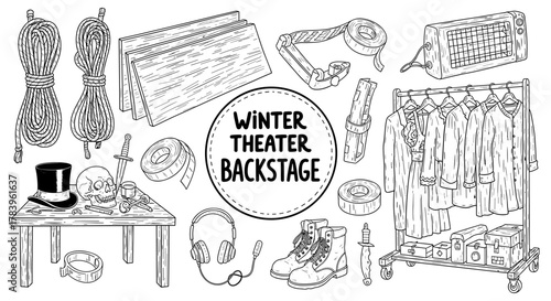 Winter theater backstage equipment in vintage linear style design