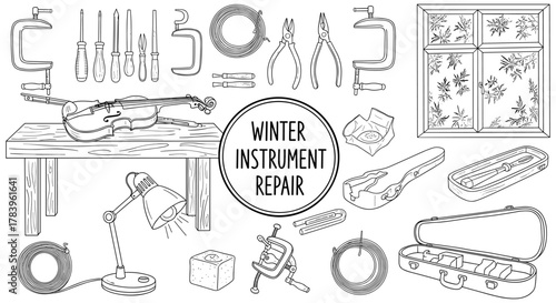 Winter instrument repair workshop tools and equipment in detailed linear style