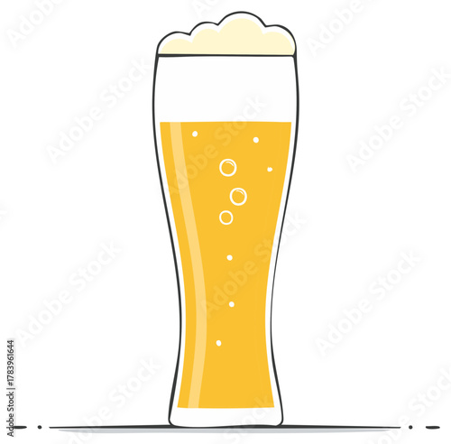 Refreshing wheat beer with foam head inside glass, cool alcoholic beverage with bubbles, vector style, light background