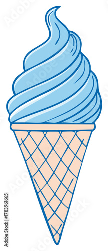 A simple cartoon illustration of a blue swirl soft serve ice cream cone