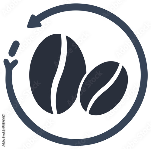 Coffee beans and refresh arrow icon. Vector symbol for subscription, cycle, or renewal service.
