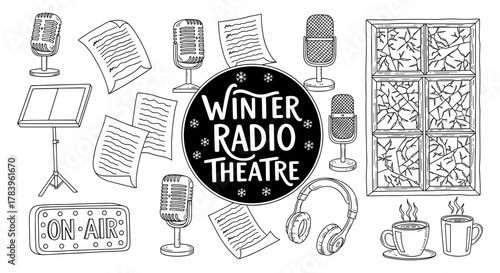 Winter radio theatre set with vintage microphones and cozy elements