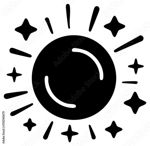 Modern black sun icon illustration with radiating light rays and sparkling stars weather symbol