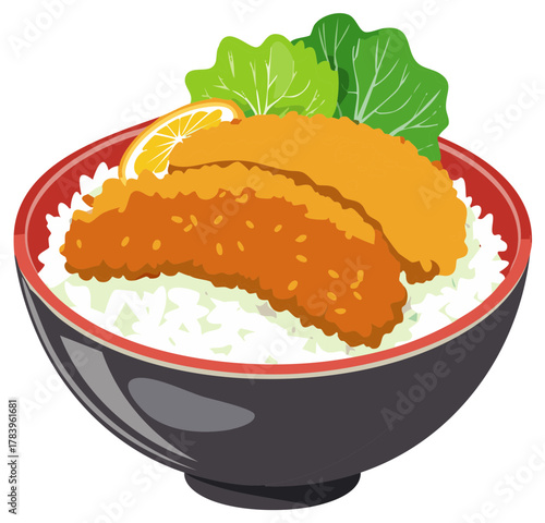 Japanese fried pork cutlet rice bowl, Katsu Donburi vector illustration