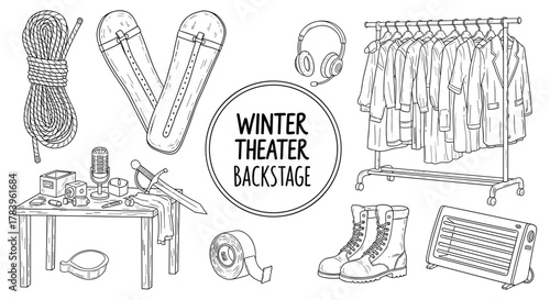 Cozy winter theater backstage essentials with outfits and equipment in linear style