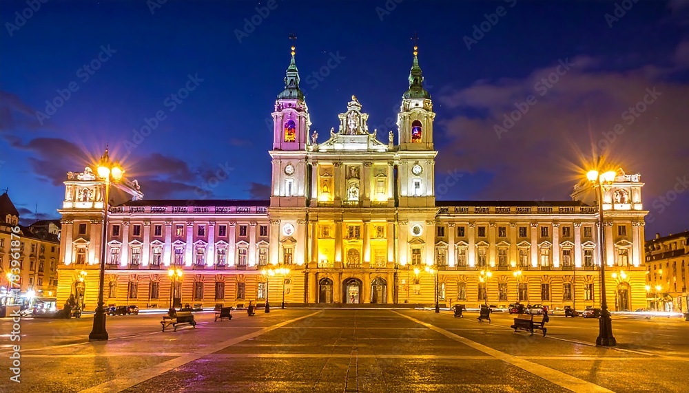 Obraz premium Large ornate building with illuminated facade under a twilight sky