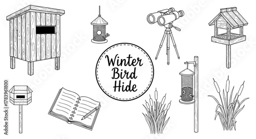 Winter bird watching essentials with feeding stations and equipment in outline style