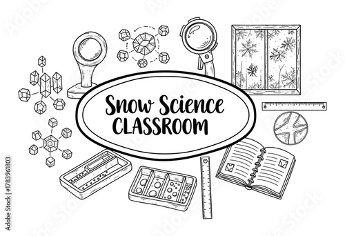 Snow science classroom elements in black and white line art educational design