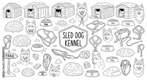 Sled dog kennel elements collection: harnesses, huskies, doghouses, trails