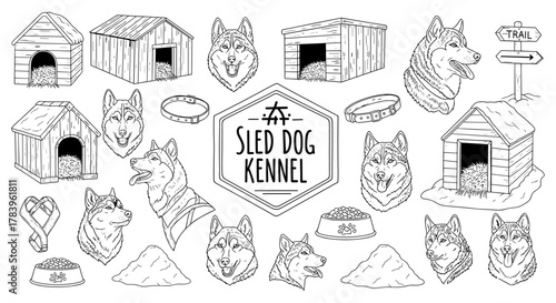 Sled dog kennel design with iconic dog heads and doghouses in linear style