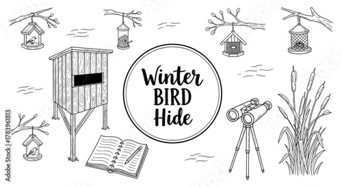 Winter bird watching: birdhouses, binoculars, and nature sketches