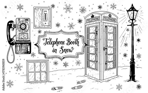 Retro telephone booth and winter charm with snowflakes in vintage black and white