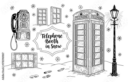 Vintage winter scene with telephone booth and snowy elements in hand drawn style