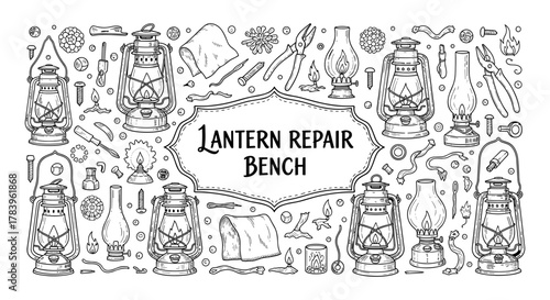 Vintage lantern repair pattern with tools and accessories in black and white linear design