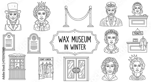Winter wax museum: historical figures and interior elements in line art design