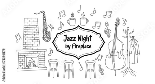 Cozy jazz night by fireplace featuring musical instruments and warm drinks