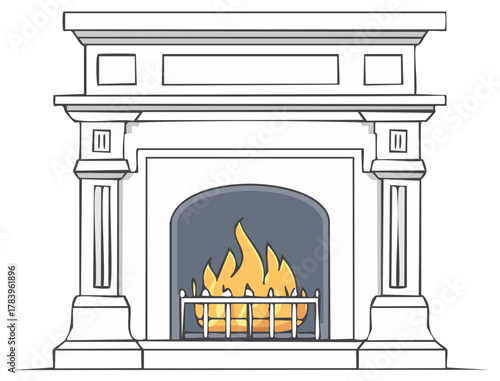Elegant Hand-Drawn Fireplace Mantel with Burning Fire Illustration