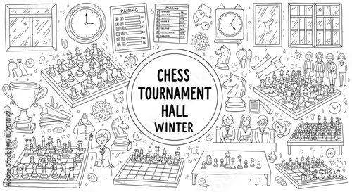 Chess tournament hall: winter edition with players and game boards in doodle style