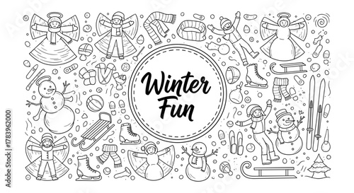 Black and white winter activities doodle with snow angels and snowmen