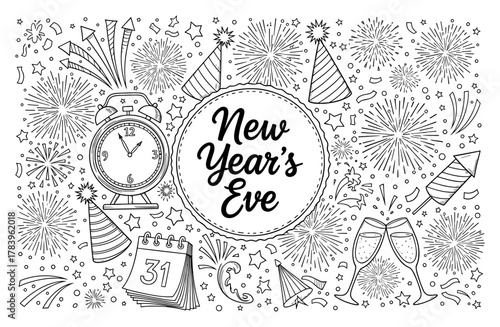 Celebrate new year's eve with festive line art featuring fireworks and party elements