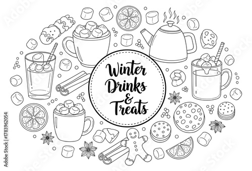 Cozy winter drinks and treats in black and white outline
