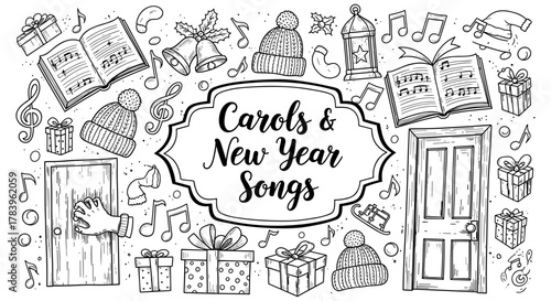 Festive carols and new year songs in hand drawn style with musical elements