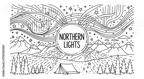 Northern lights over mountains with tent in night sky scene, line art style