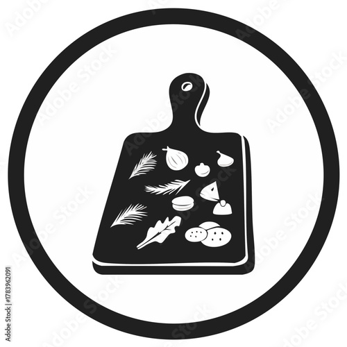 Black and white icon of a chopping board with ingredients inside a circle